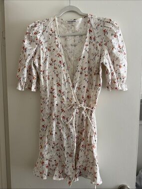 Reformation White Linen Floral Puff-Sleeve Wrap Dress